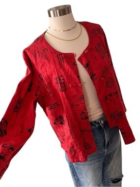 Vintage 90's Chico’s 100% linen abstract button up top coral red